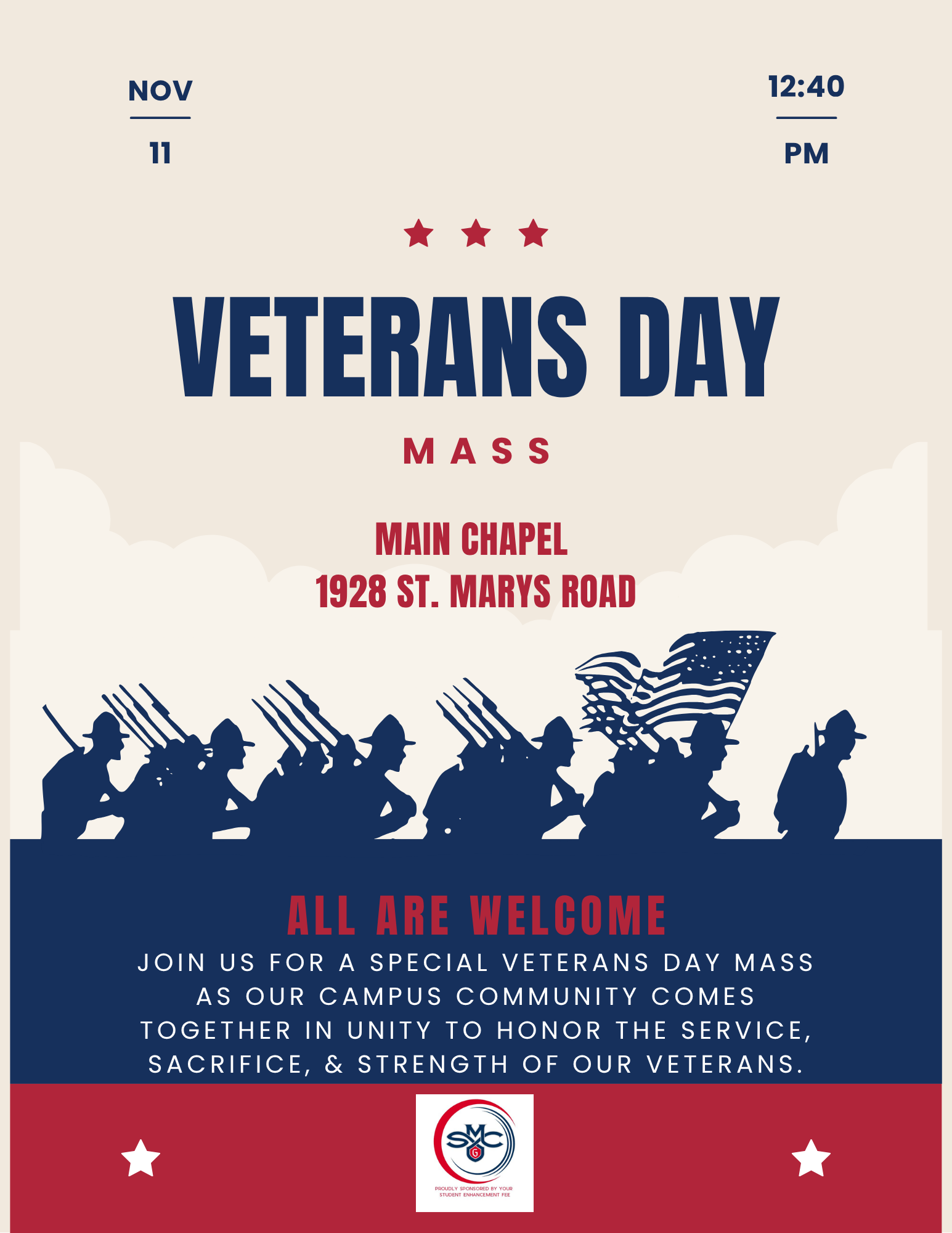 Veterans Day Mass 11/11 at 12:40 in the Chapel