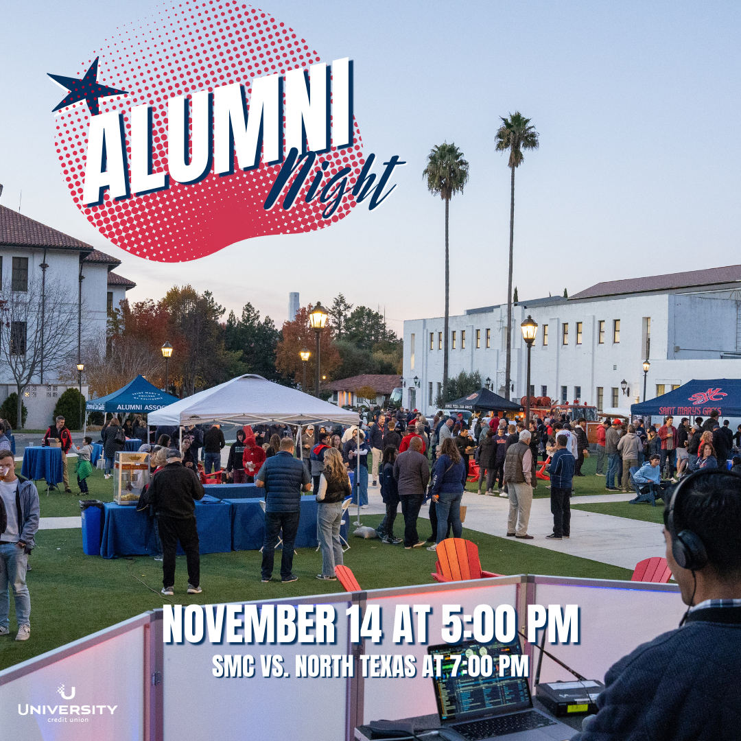 Hundreds of basketball fans outdoors at a pregame party with a DJ playing music. Text reads: Alumni Night at 5PM.