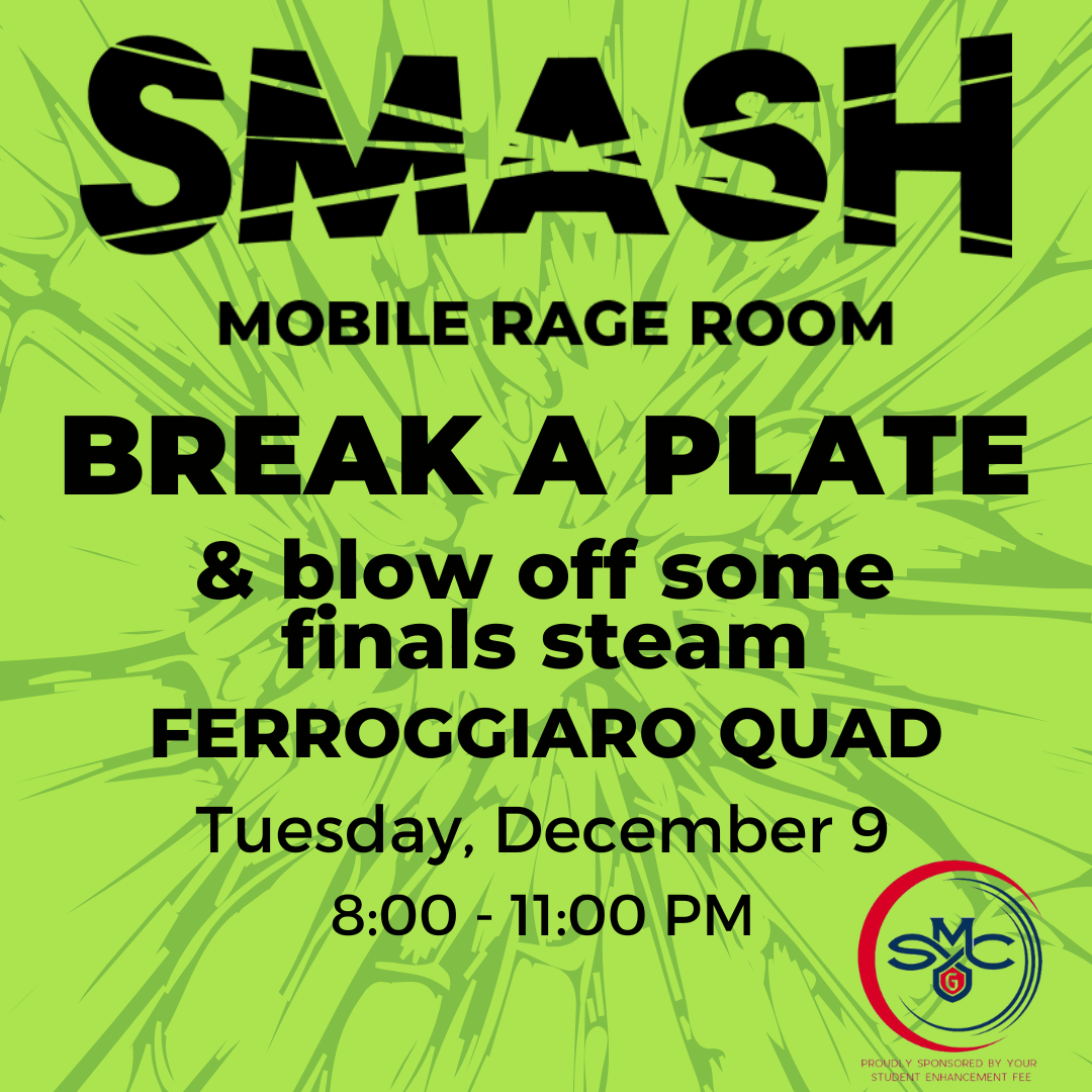 Promotional graphic for &quot;SMASH&quot; mobile rage room event on December 9, inviting participants to break plates and relieve stress.