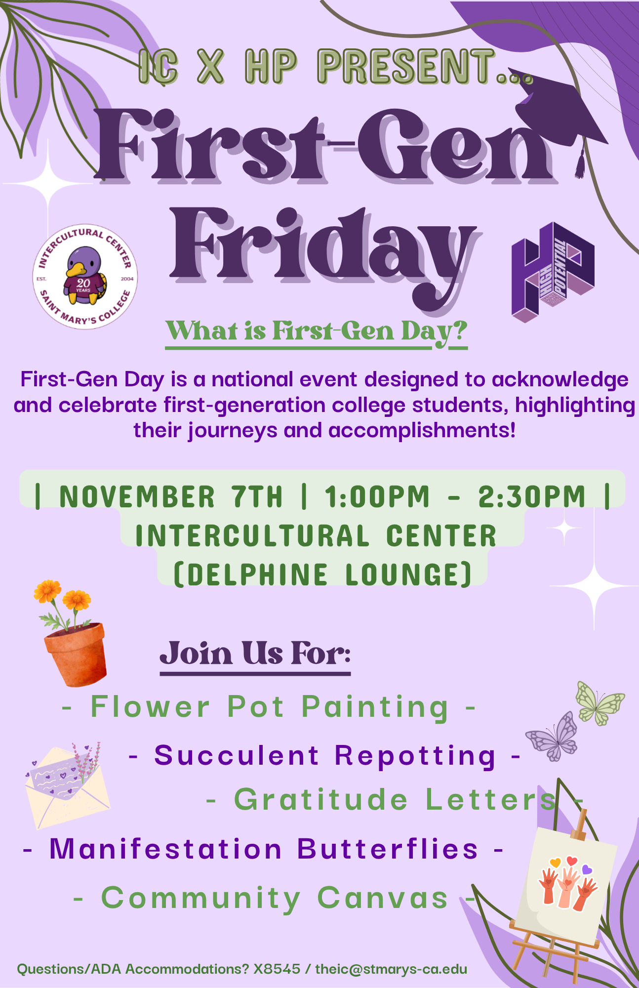Purple poster with information about First-Gen Friday tied to First Gen Day.