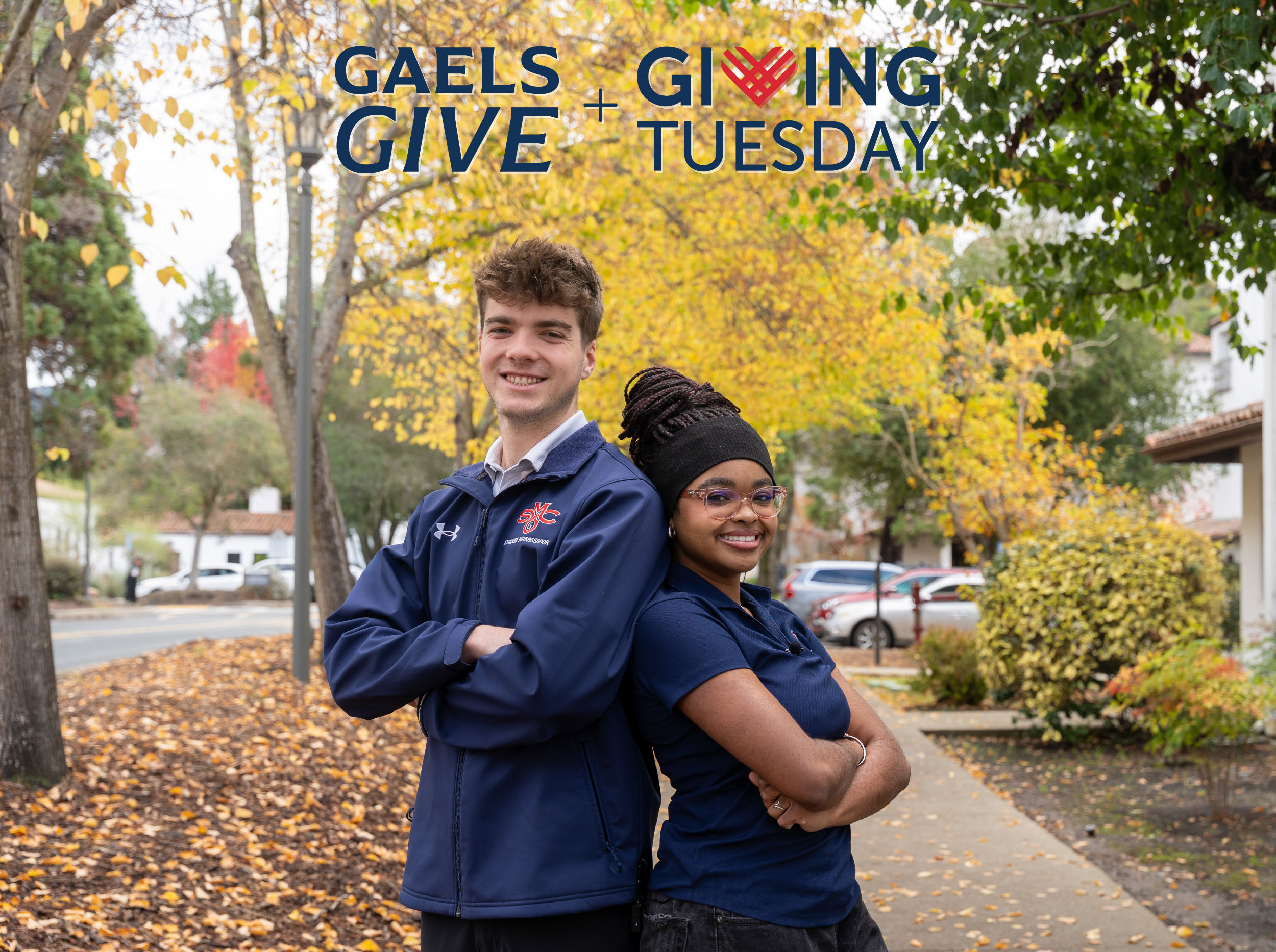 Two students stand back to back under a canopy of yellow-leafed trees