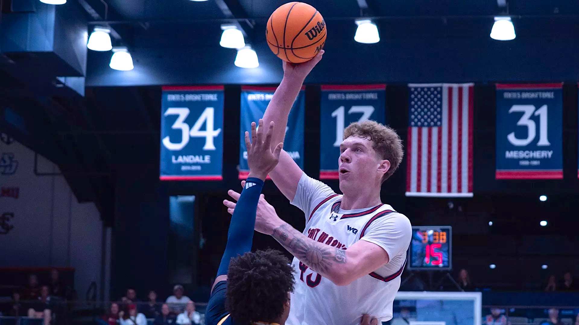 Men's basketball player Andrew McKeever shoots against UT Chattanooga on November 7, 2025