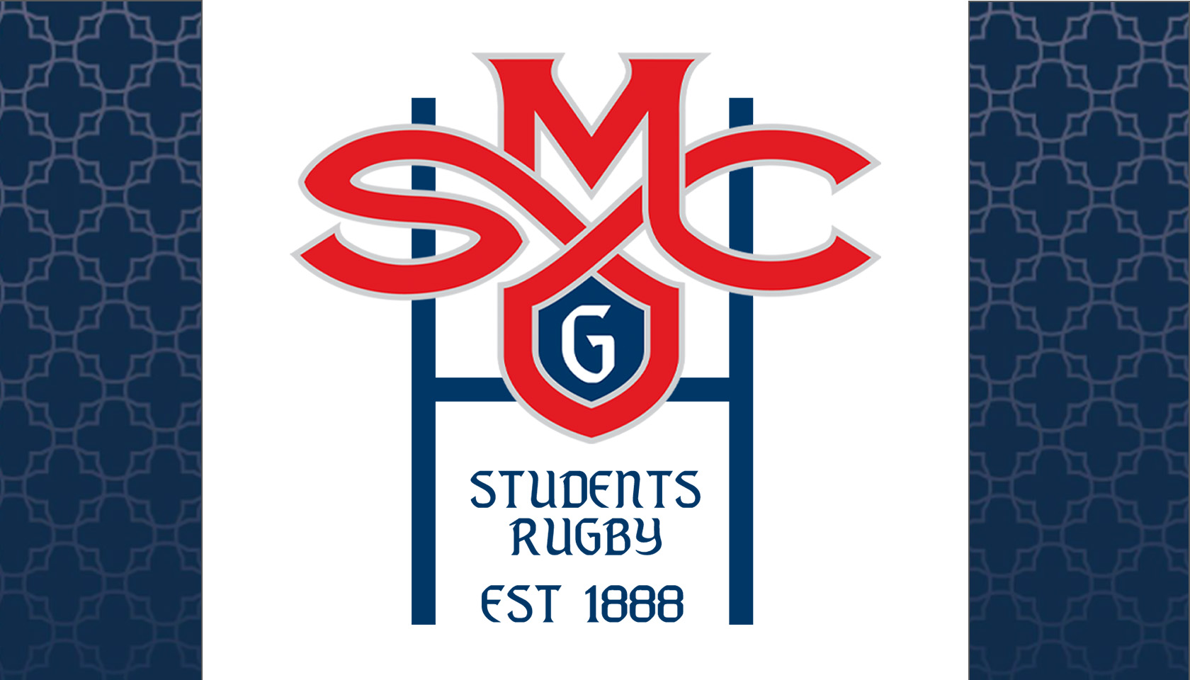 SMC Rugby Logo against a blue patterned background