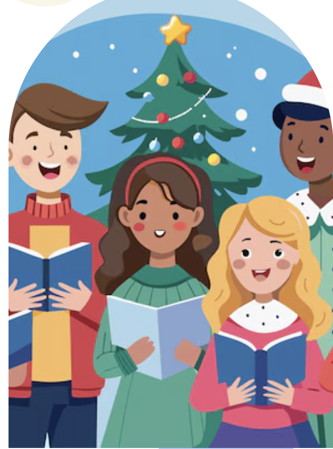 Young people singing around a Christmas tree