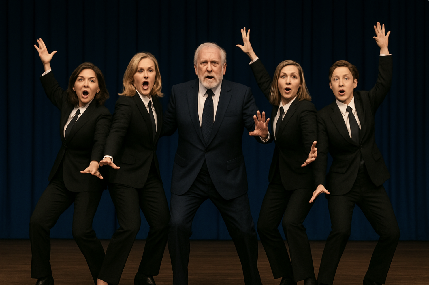 cast of SUCCESSION in dramatic musical theatre pose