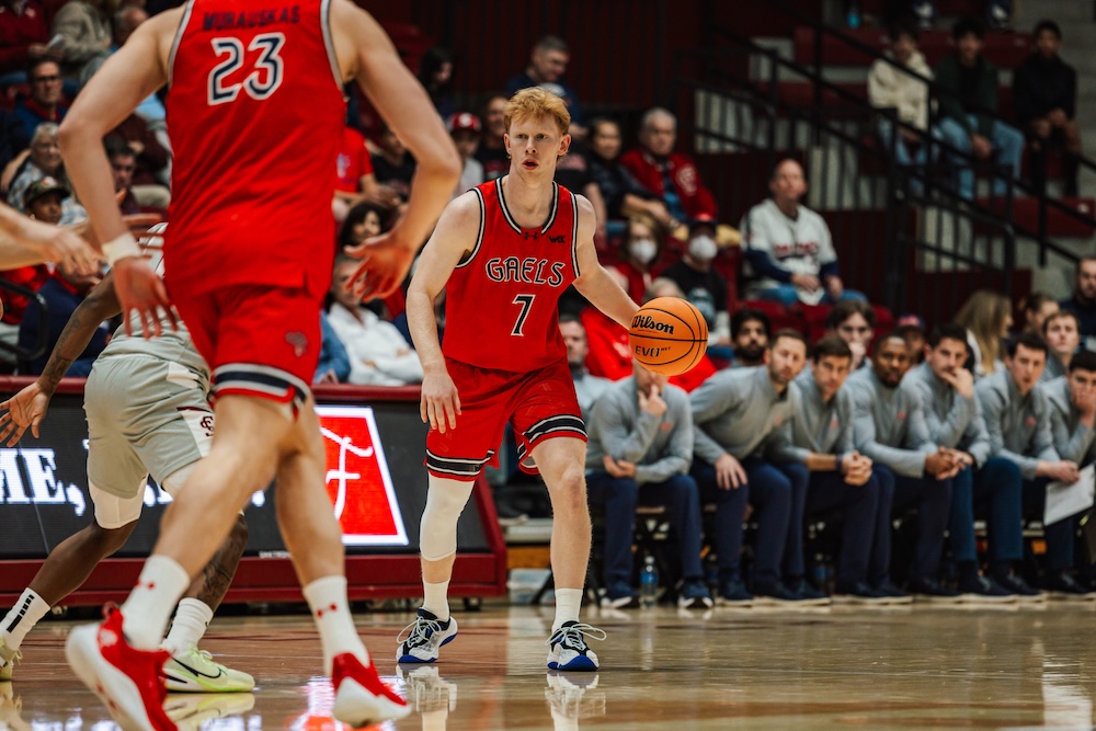Basketball player Joshua Dent dribbles the ball as the Gaels face Santa Clara in January 2026