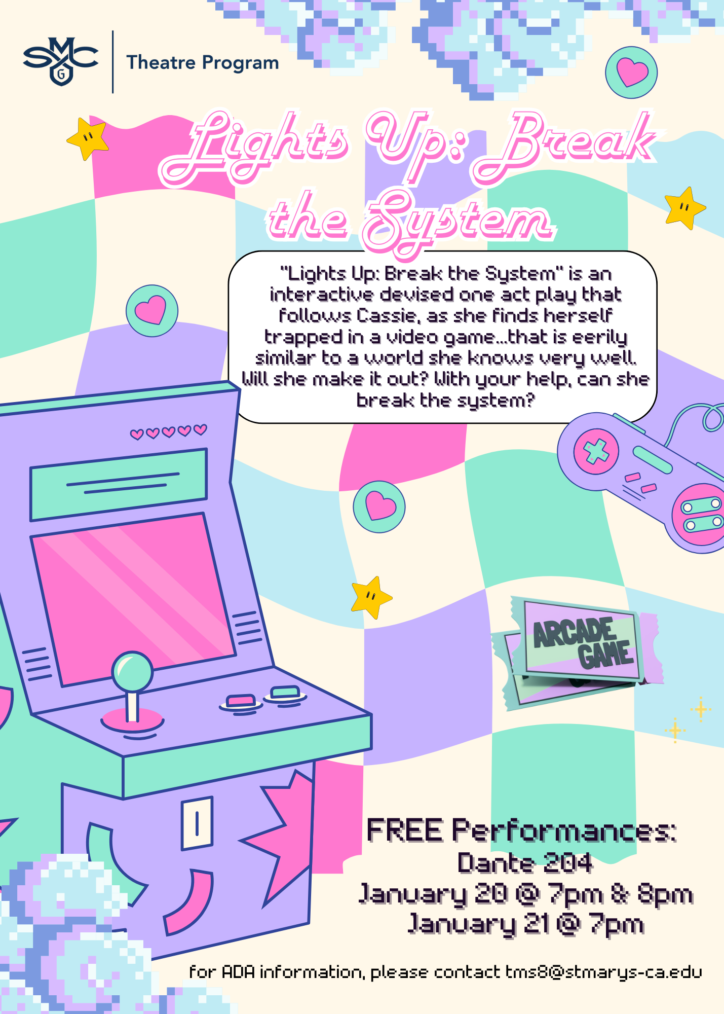 flyer for Kate Conti's Theatre senior project with an 80s theme and an arcade machine