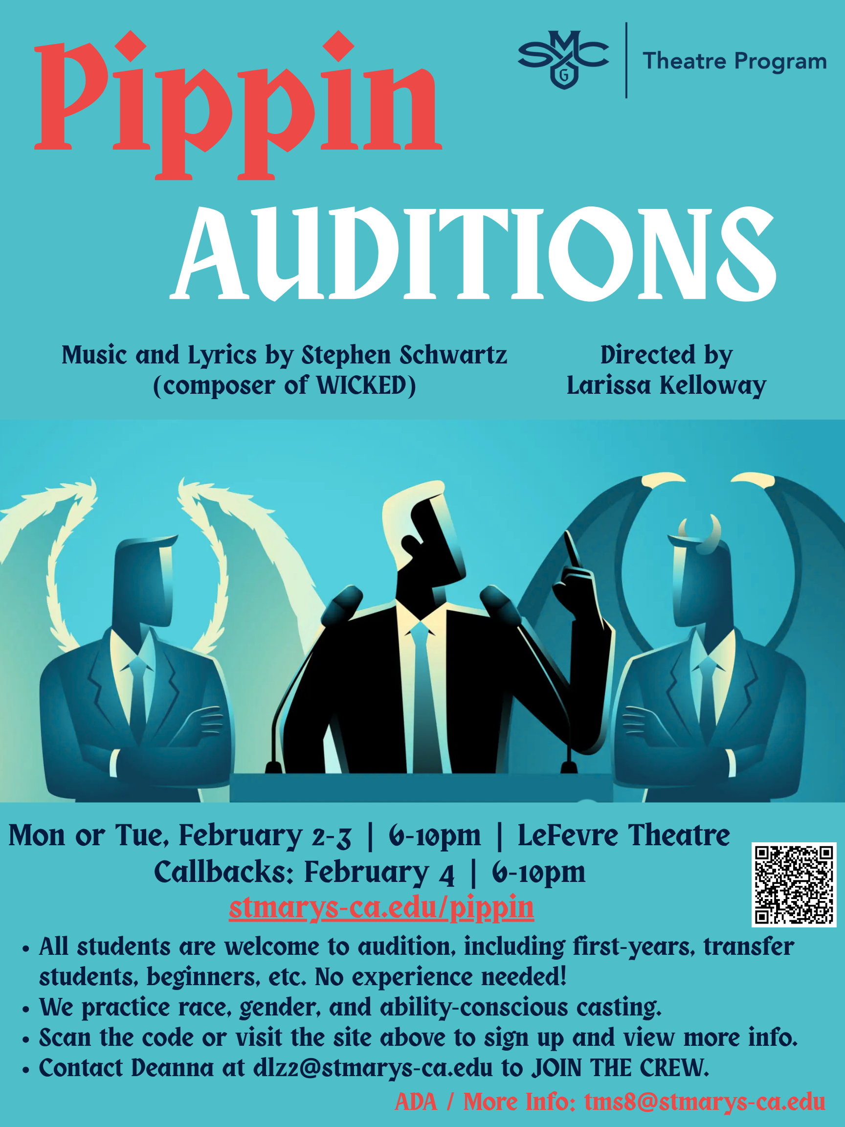 PIPPIN audition flyer with image of powerful amorphous speaker and an angel on one side with a devil on the other.