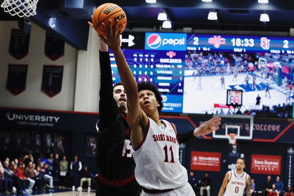 Basketball player Dillan Shaw shoots against Seattle in January 2026