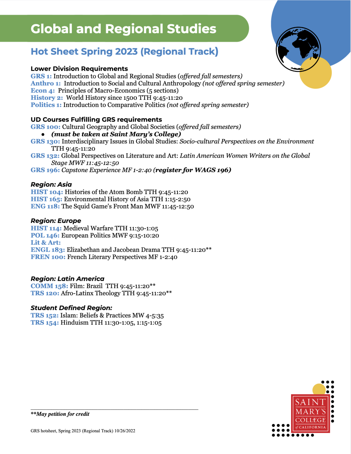 list of courses to follow the GRS regional track