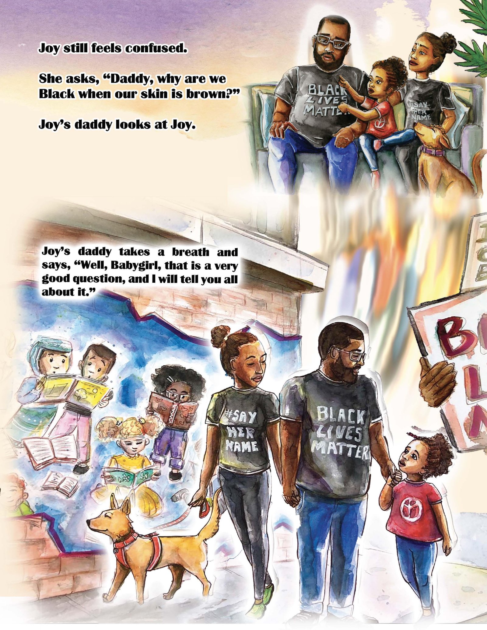 A page from Bedford Palmer II's book, Black Joy, is shown with a family sitting together and another image of a the same family walking together with their dog.