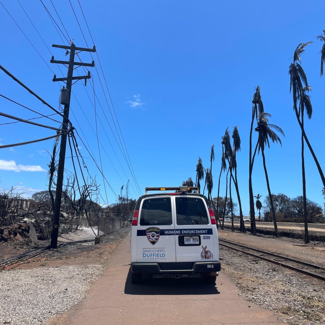 A van drives through a burned neighborhood in Lahaina