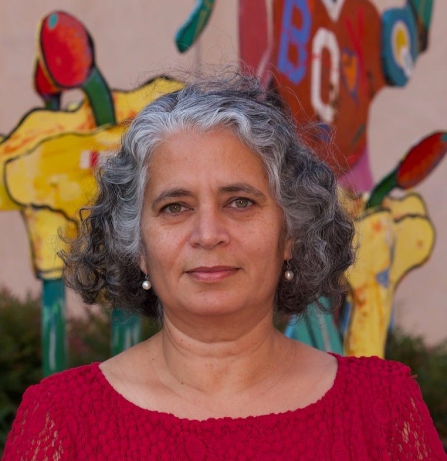 SEBA Professor Jyoti Bachani standing in front of a colorful mural