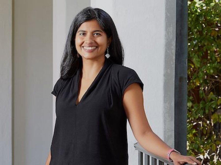 Saint Mary's faculty member Manisha Anantharaman standing next to a railing
