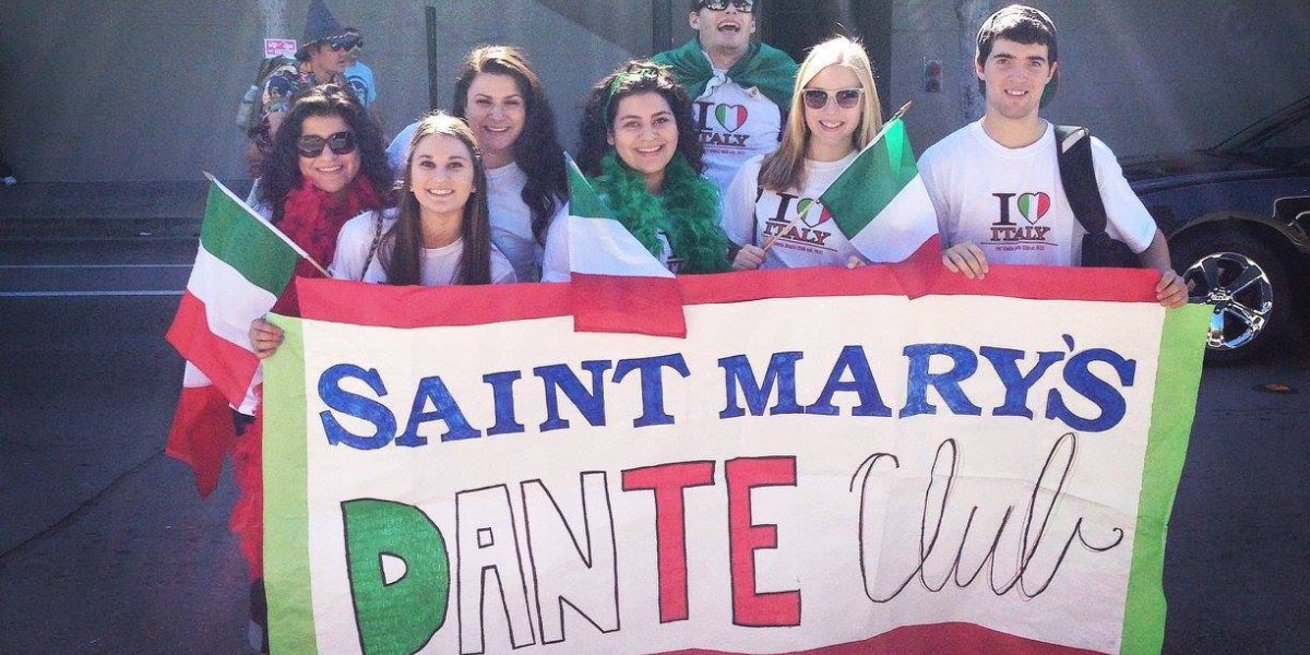 Dante Club Students holding a sign that says Saint Mary's Dante Club