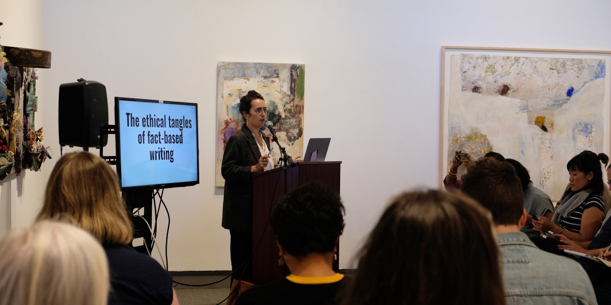 Lauren Markham delivering a craft talk. 