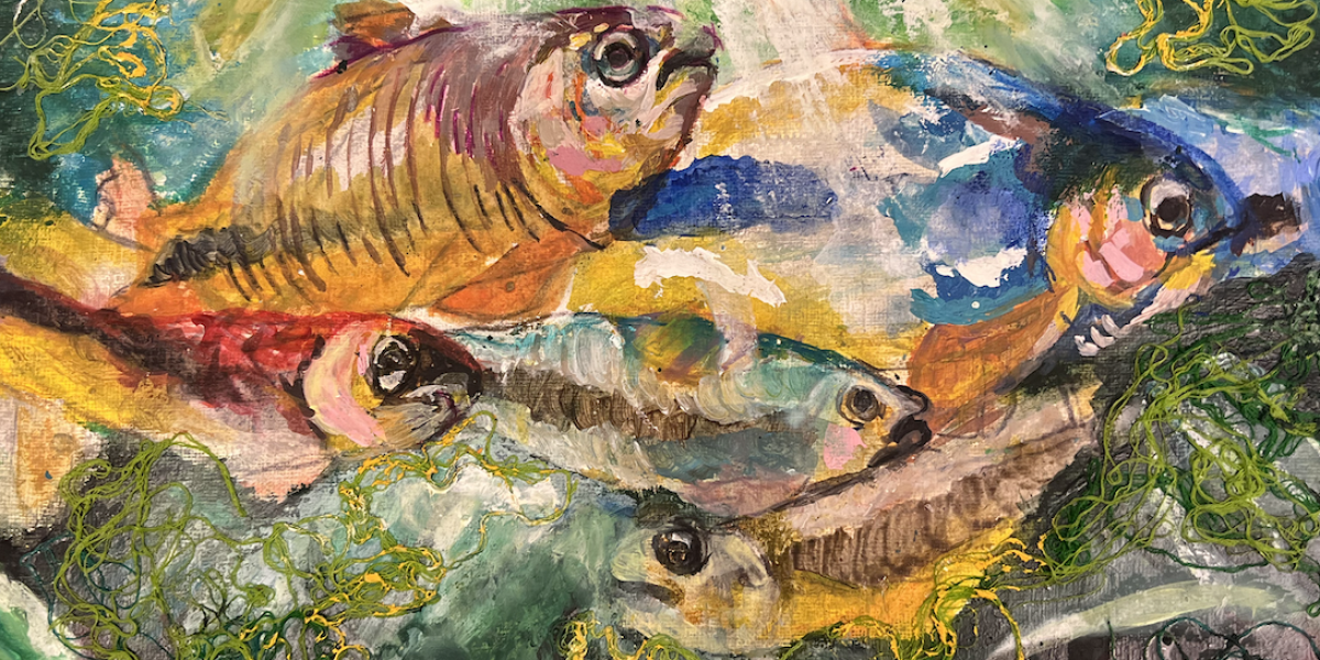 Painting of five fish swimming above painted and string seaweed in the foreground. They are under the waters surface with light streaming down on them.