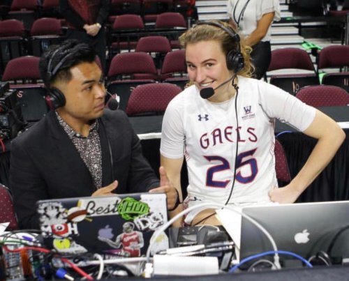 Student Brandon Cadiz and Women's Basketball player Megan McKay at microphones