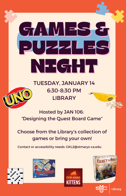 Games and puzzles night poster. Contact GKL2@stmarys-ca.edu for accessibility needs.