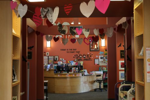 Athenian School library decorated with hearts