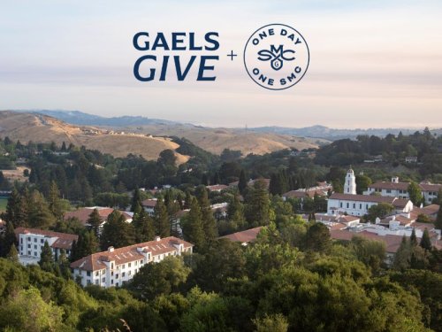 Aeiral photo of campus at twilight. One Day One SMC logo