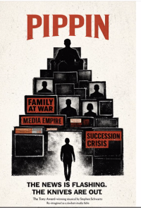 PIPPIN flyer with TV screens piled up in the shape of a skyscraper with a silhouette of a man sitting on the top