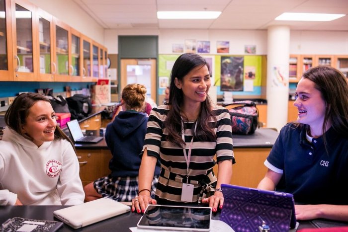 A teacher with students in a classroom