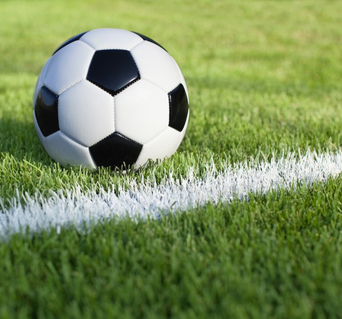 Soccer ball on grass with white stripe