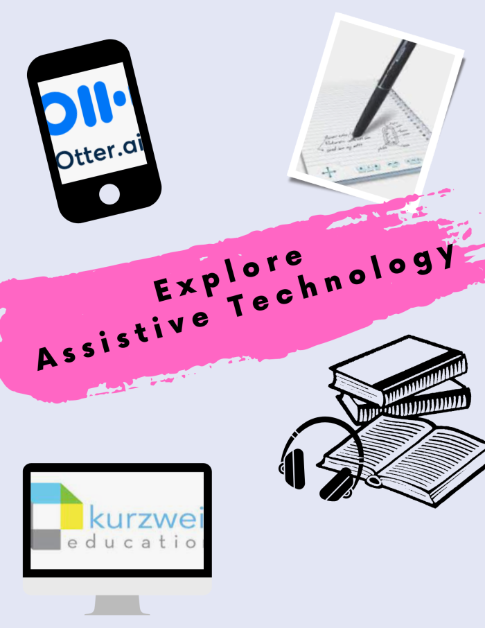 Flier with 4 images- one each of Otter.ai, kurzweil, smartpen and a headset on top of books