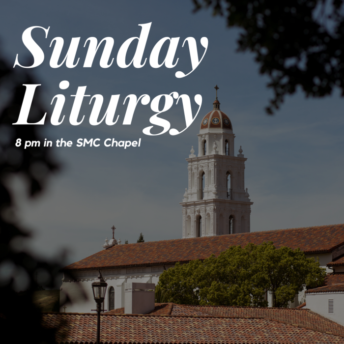 Image of SMC Chapel with text announcing Sunday Liturgy