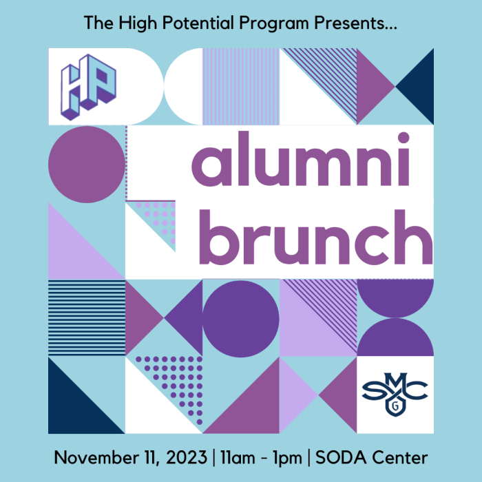 Event flyer for HP Alumni Brunch. Join us on Saturday, November 11 from 11am-1pm in the soda center.