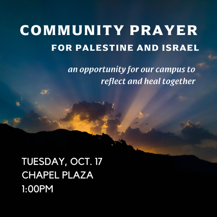Image of the sun breaking through the clouds with text announcing the Community Prayer gathering for Palestine and Israel on Oct. 17