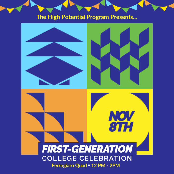 Event flyer for First-Generation College Celebration. November 8 from 12-2pm in the Ferroggiaro Quad