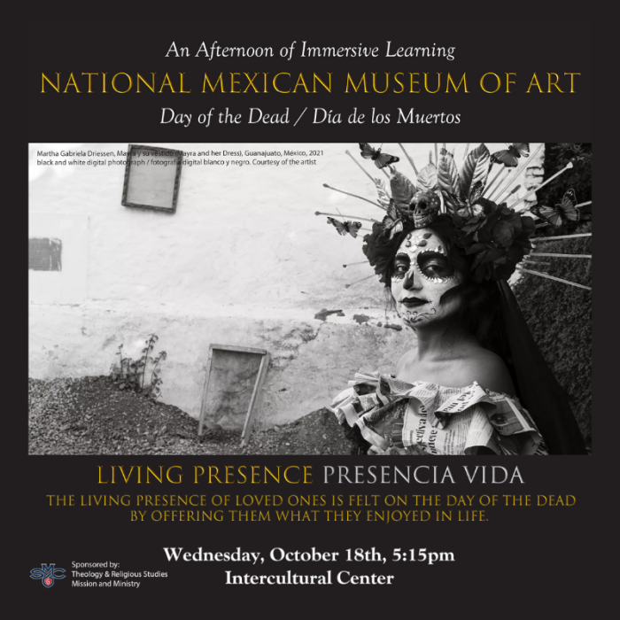 Image of a woman dressed for Dia de los Muertos/Day of the Dead and text announcing an event with the National Mexican Museum of Art