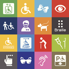 Graphic of 16 squares of different colors, each with an image of a different type of disability, including a wheelchair, a dog, braille, etc.