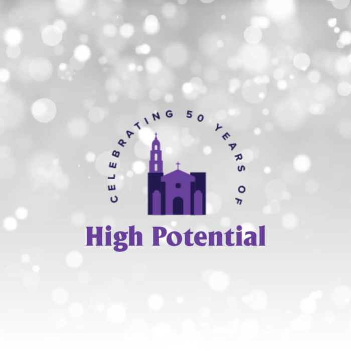 text: celebrating 50 years of high potential around an image of the SMC chapel