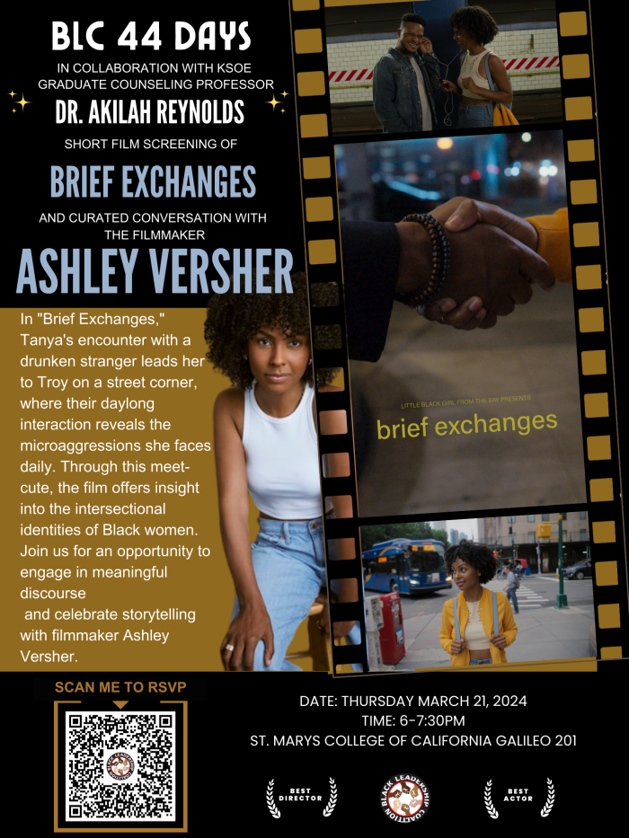 "Brief Exchanges" a short film screening offers insight into the intersectional identities of Black women.  Join us for an opportunity to engage in meaningful discourse and celebrate storytelling with filmmaker Ashley Versher.  Doors open at 6PM Film screening at 6:15PM Curated conversation with the filmmaker and audience Q&A to follow. RSVP at:  tinyurl.com/briefexchanges