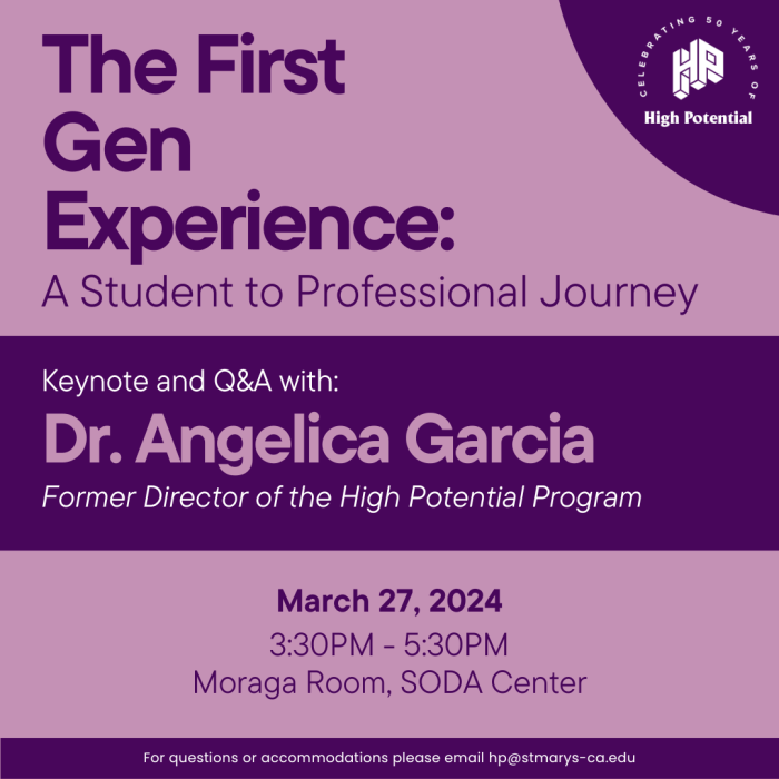 Event flyer for keynote speaker event for High Potential Program. Speaker: Dr. Angelica Garcia. Date: March 27 from 3:30 to 5:30pm.