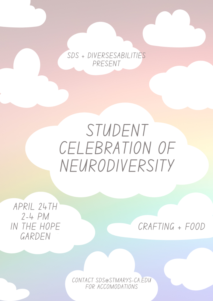 Flier with rainbow colors and clouds that says Student Celebration of Neurodiversity
