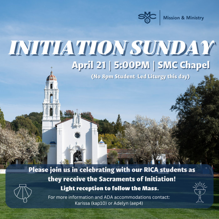 Image of the SMC Chapel with text inviting all to Initiation Sunday Mass on April 24, 2024