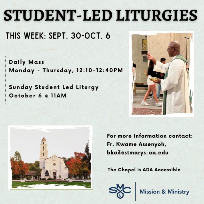 Images of the SMC Chapel and Fr. Kwame at Mass with information for daily Mass and the upcoming Sunday liturgy