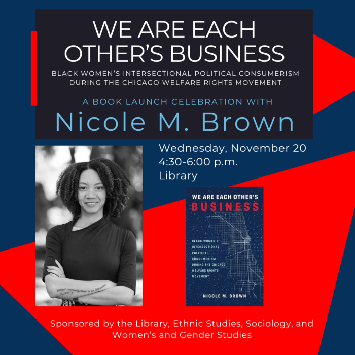 Event poster with photo of Nicole Brown and book cover