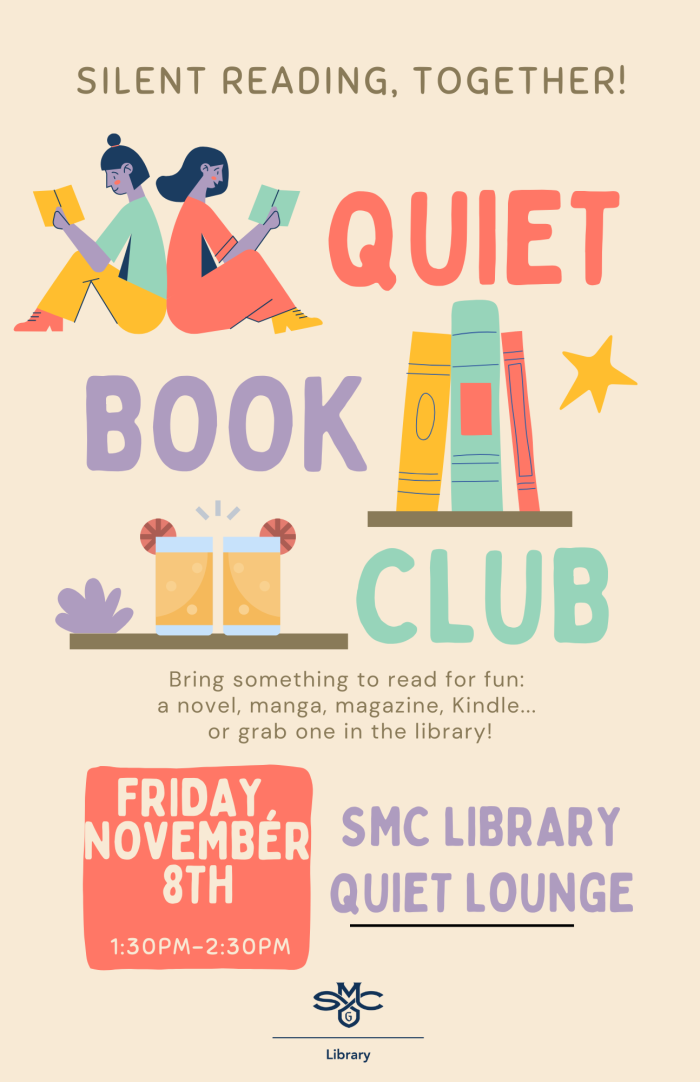 Poster of Quiet Book Club on Friday November 8th, 2024 from 1:30-2:30pm in the library