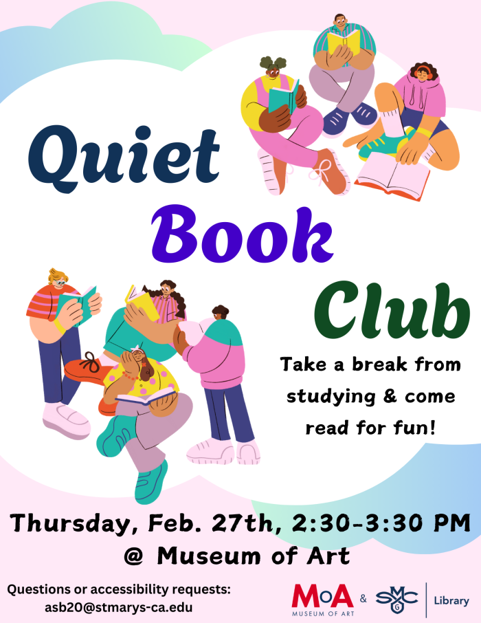 Picture of people reading together with Quiet Book Club as the title, taking place in the museum of art on February 27th at 2:30pm 