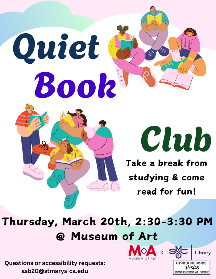 Quiet Book Club poster. Illustrations of people reading books. Take a break from studying and come read for fun.