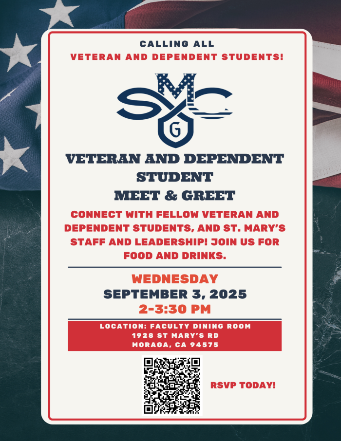 Calling all Veteran Students- both returning students and students new to SMC.  Start off this academic year by joining us to connect with fellow veterans on campus and meet Certifying Official Cris Sotelo and the campus Student Veterans of America club President Daniel Rogers.  Light food and drinks will be provided.   We hope to see all Military Affiliated Gaels there!