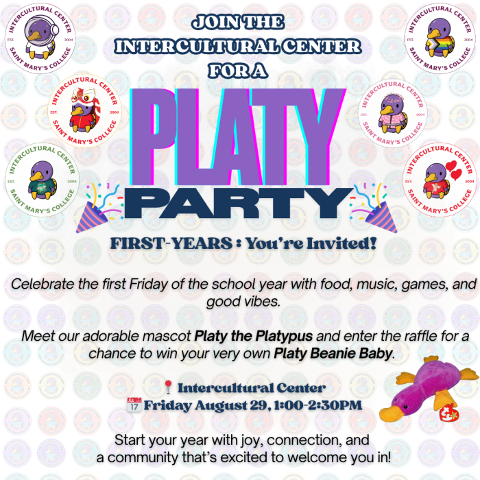 First Year Event at the Intercultural Center - Platy Party on August 29 from 1:00-2:30PM