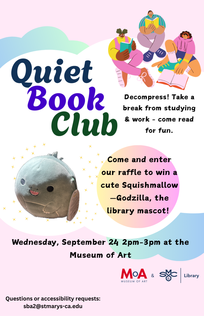 Quiet Book Club poster with a plushy picture for raffle