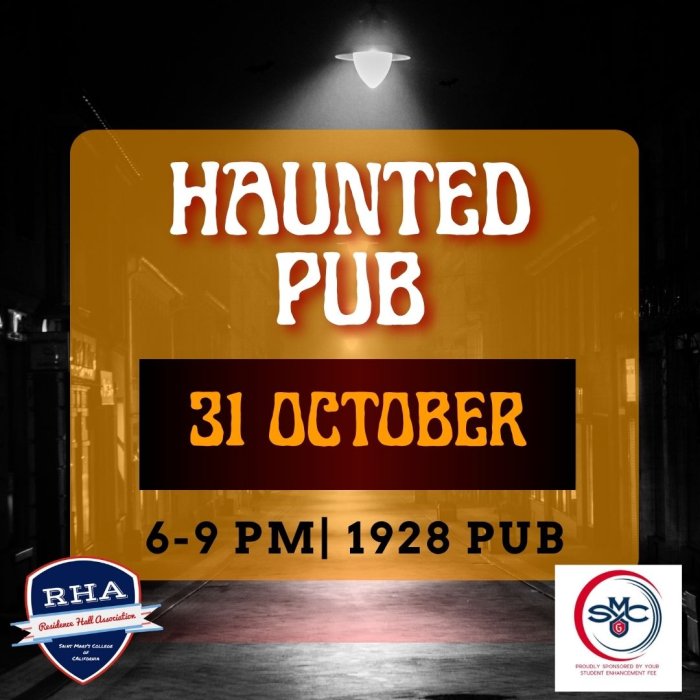Nighttime image of a dimly lit street with text overlay. 'Haunted Pub' event on 31 October, 6-9 PM at 1928 Pub. Includes RHA and SMC logos.