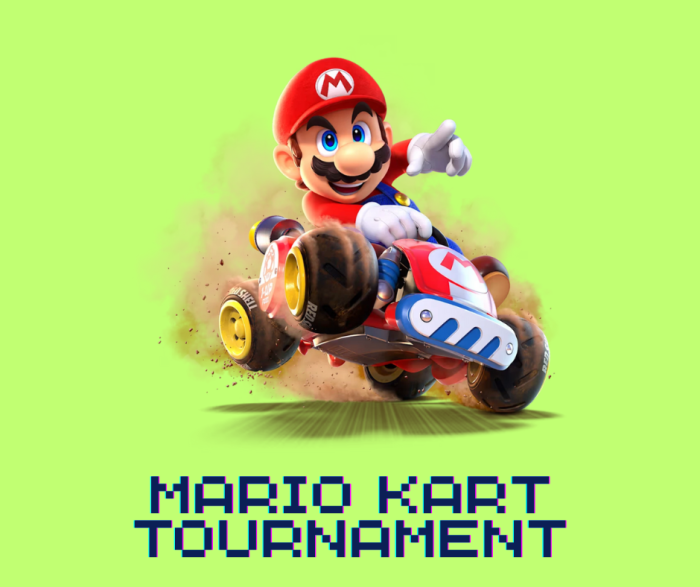 A cartoon character with a red hat and mustache is energetically driving a racing kart, kicking up clouds of dust against a dark background.